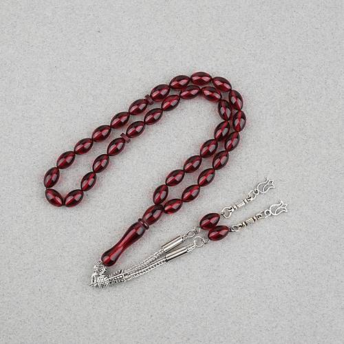 S�kma Kehribar Beyzi Kesim Alpaka P�sk�ll� 7x11mm Tesbih K�rm�z�