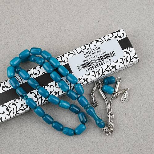 S�kma Kehribar Kaps�l Kesim Alpaka P�sk�ll� 7x11mm Tesbih Turkuaz Ye�ili