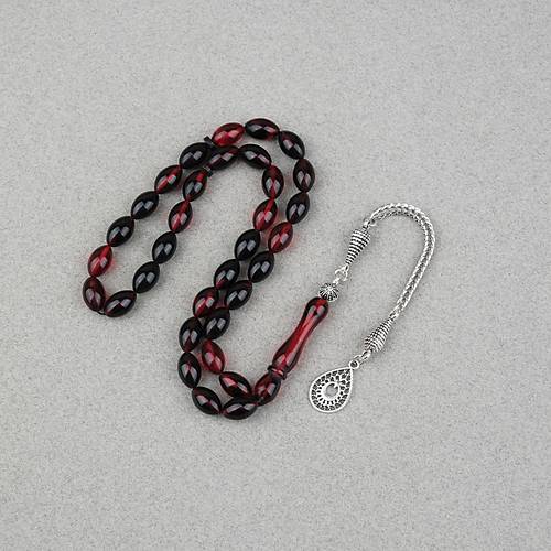 S�kma Kehribar Alpaka P�sk�ll� Beyzi Kesim 7x11mm Tesbih- Siyah K�rm�z�
