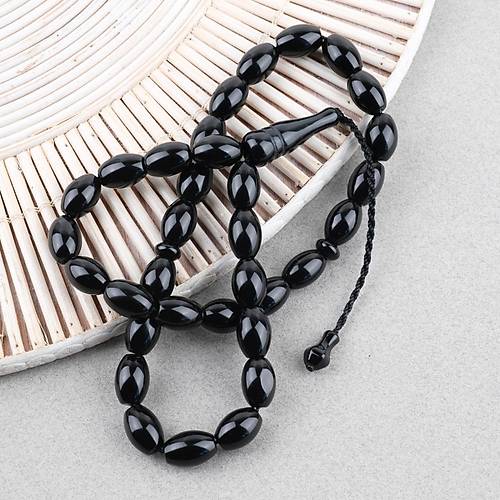 Akik Ta�� Habbe ve �mame Dahil Akik Yumurta kesim 9.5x14mm Tesbih - siyah