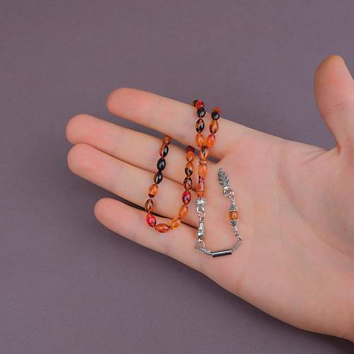 Ate� Kehribar Beyzi Kesim Bilek Boy 5x8mm Tesbih Alpaka P�sk�ll� Sar� K�rm�z�
