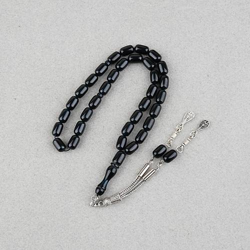 S�kma Kehribar Kaps�l Kesim Alpaka P�sk�ll� 7x11mm Tesbih Mavi Yans�mal� Siyah