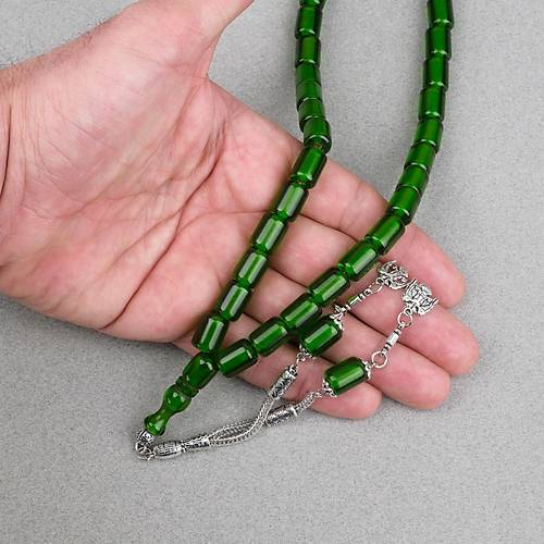 Ate� Kehribar Alpaka P�sk�ll� Kaps�l Kesim 9x12mm Tesbih - �effaf Ye�il