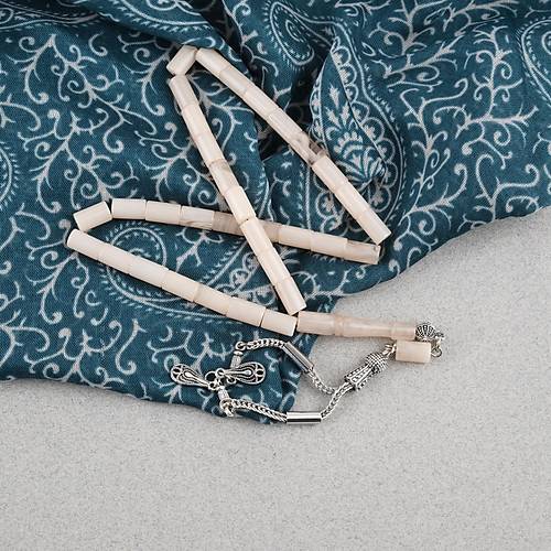 S�kma Kehribar Kesme Kesim Alpaka P�sk�ll� 6x10mm Tesbih Krem