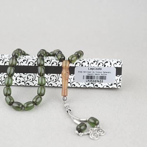 Ate� Kehribar Ayy�ld�z ��lemeli Sar� �mame Kaps�l Kesim 9x11mm Tesbih -Ye�il