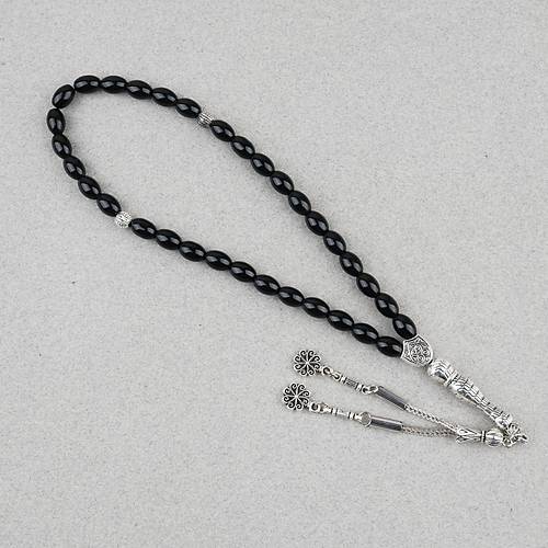 Oniks Ta�� Beyzi Kesim 6.5x9mm Tesbih Alpaka P�sk�ll� Parlak Siyah
