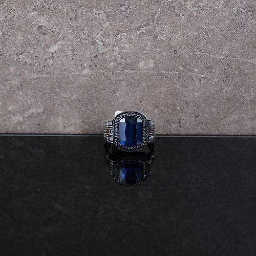 Safir Lacivert ve Mikro Zirkon 925Ayar Gm Erkek Yzk