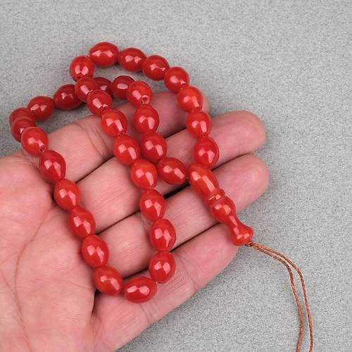 S�kma Kehribar Beyzi Kesim 9x11mm Tesbih - K�rm�z� P�sk�ls�z