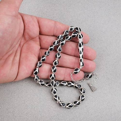 G�m�� Kaplama Kafesli Mine Beyzi 7x9mm Tesbih - Siyah