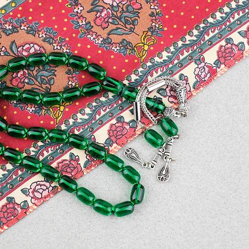 Ate� Kehribar Kaps�l Kesim Alpaka P�sk�ll� 7x11mm Tesbih Ye�il