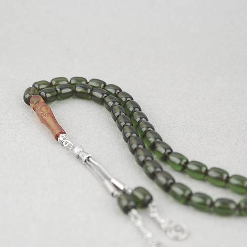 Ate� Kehribar Ayy�ld�z ��lemeli Sar� �mame Kaps�l Kesim 9x11mm Tesbih -Ye�il