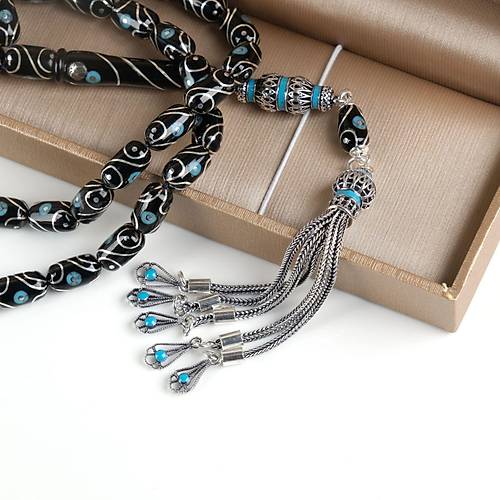 Erzurum Oltu 925Ayar Gm Pskl Firuze ve Gzya lemeli Kapsl Kesim 6x11mm Tesbih - Yusuf Akansel Usta El ii