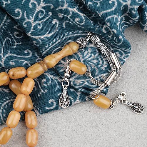 S�kma Kehribar Kaps�l Kesim Alpaka P�sk�ll� 7x11mm Tesbih Hardal