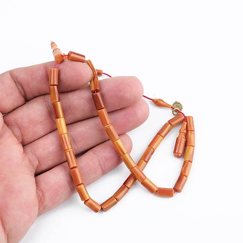 Kadim Katalin Eski Kalemlik Obje Usta ��i �mzal� Kaps�l Kesim 7x12mm Tesbih -Kahve Sar� Sedefli