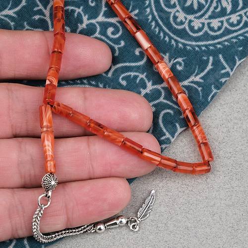 S�kma Kehribar Alpaka P�sk�ll� Kesme Kesim 4x7mm Tesbih- Krem-Turuncu