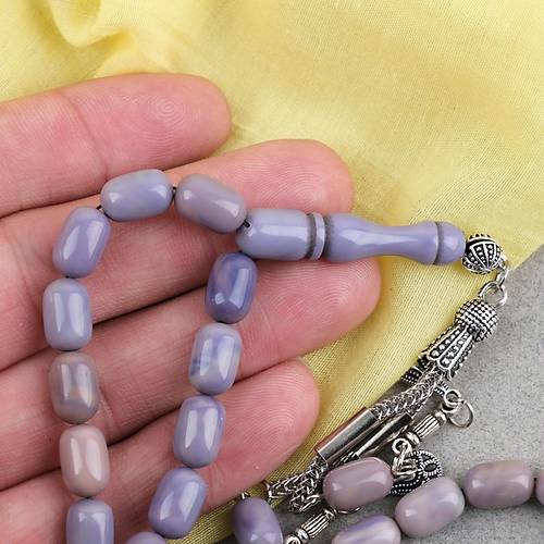 S�kma Kehribar Kaps�l Kesim Alpaka P�sk�ll� 7x11mm Tesbih Lila