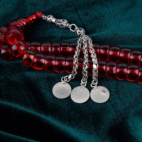 Osmanl Ate Kehribar 1900'ler Dnem i 925 Ayar Gm Pskl F Kesim 14x8mm Tesbih