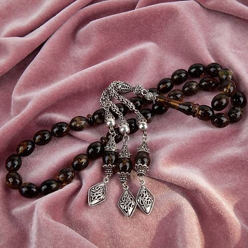 Balt�k Kaya 925Ayar G�m�� P�sk�l Damla Beyzi Kesim 10x13mm Tesbih (51gr)