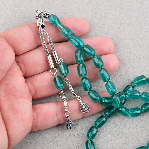 S�kma Kehribar Kaps�l Kesim Alpaka P�sk�ll� 7x11mm Tesbih Ye�il