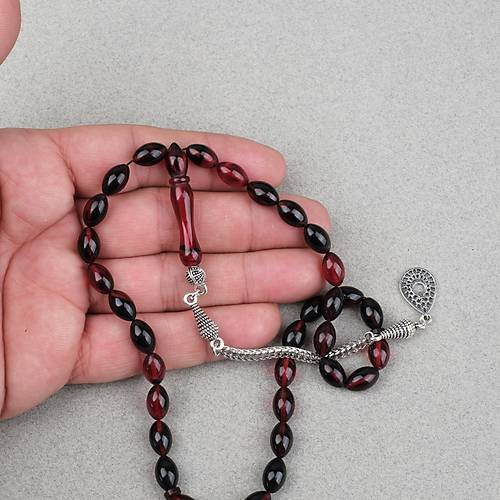 S�kma Kehribar Alpaka P�sk�ll� Beyzi Kesim 7x11mm Tesbih- Siyah K�rm�z�