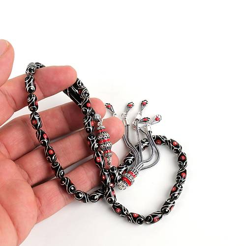 Erzurum Oltu 925Ayar Gm Pskl Mercan ve Gzya lemeli Kapsl Kesim 6x11mm Tesbih - Yusuf Akansel Usta El ii