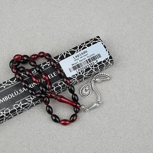 S�kma Kehribar Alpaka P�sk�ll� Beyzi Kesim 7x11mm Tesbih- Siyah K�rm�z�