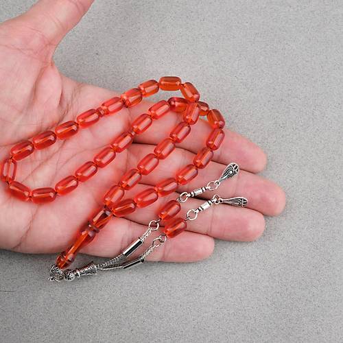 Ate� Kehribar Kaps�l Kesim Alpaka P�sk�ll� 7x11mm Tesbih �effaf K�rm�z�
