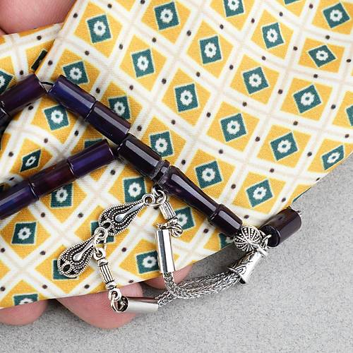 S�kma Kehribar Kesme Kesim Alpaka P�sk�ll� 6x10mm Tesbih Mor