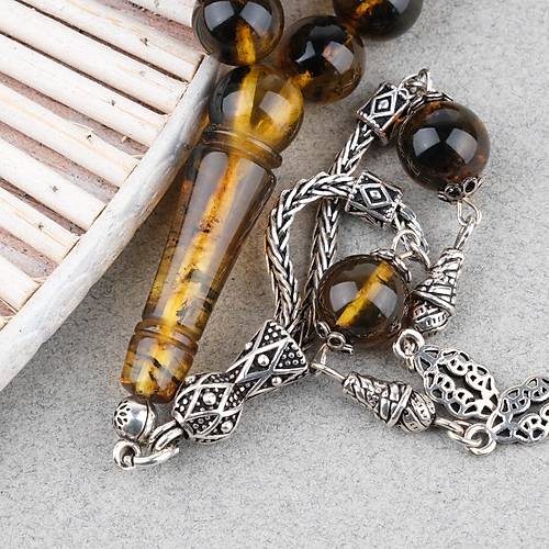 Kaya Damla Kehribar 925Ayar G�m�� P�sk�ll� K�re Kesim 10mm Tesbih