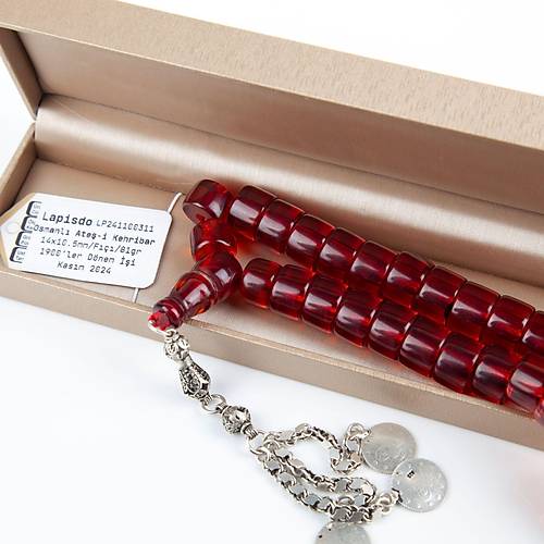 Osmanl Ate-i Kehribar 1900'ler Dnem i 925 Ayar Gm Galip Model mame F Kesim 14.5x10mm Tesbih