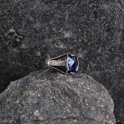 Safir ve MikroZirkon 925Ayar Gm Erkek Yzk