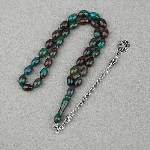 S�kma Kehribar Alpaka P�sk�ll� Beyzi Kesim 7x11mm Tesbih- Krem Ye�il