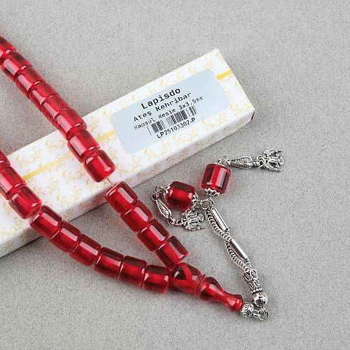 Ate� Kehribar Alpaka P�sk�ll� Kaps�l Kesim 11x11mm Tesbih - �effaf K�rm�z�