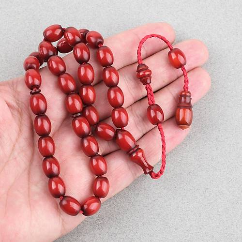 S�kma Kehribar Kadife Doku �st D�zey Hamur Yumurta Kesim 9x11mm Tesbih K�rm�z�