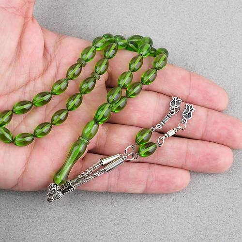 S�kma Kehribar Beyzi Kesim Alpaka P�sk�ll� 7x11mm Tesbih Ye�il