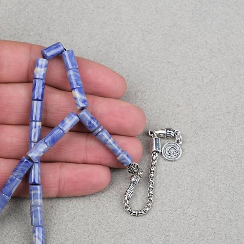 S�kma Kehribar Alpaka P�sk�ll� Kesme Kesim 6x10mm Tesbih - Krem - Mavi