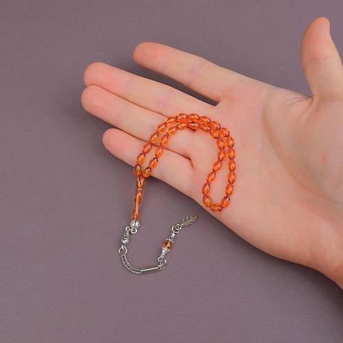 Ate� Kehribar Beyzi Kesim Bilek Boy 5x8mm Tesbih Alpaka P�sk�ll� Sar�