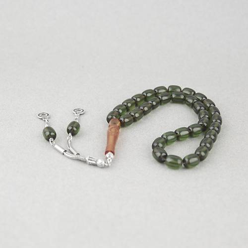 Ate� Kehribar Ayy�ld�z ��lemeli Sar� �mame Kaps�l Kesim 9x11mm Tesbih -Ye�il