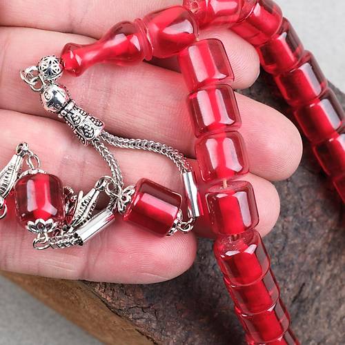 Ate� Kehribar Alpaka P�sk�ll� Kaps�l Kesim 11x11mm Tesbih - �effaf K�rm�z�
