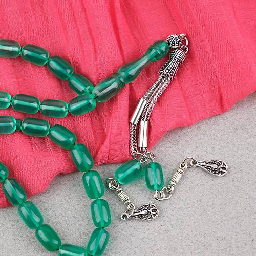 S�kma Kehribar Kaps�l Kesim Alpaka P�sk�ll� 7x11mm Tesbih Ye�il