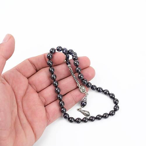 Ate Kehribar 925Ayar Gm akm ve Gm Pskl Bilek Boy Kre Kesim 7x8mm Tesbih - Mavi