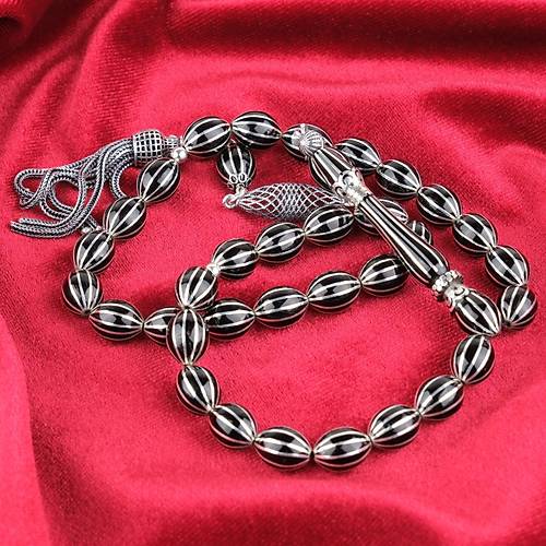 Erzurum Oltu 925Ayar Gm akm ve Pskl 12li Karpuz Dilim Beyzi Kesim 8.5x11.5mm Tesbih