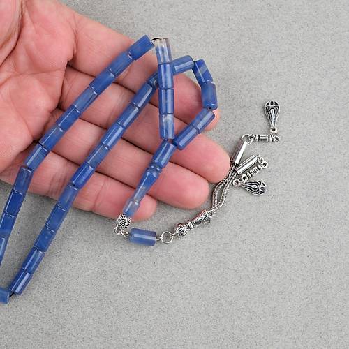 S�kma Kehribar Kesme Kesim Alpaka P�sk�ll� 6x10mm Tesbih Mavi