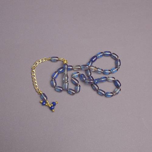 S�kma Kehribar Kaps�l Kesim Alt�n Renk P�sk�ll� 7x11mm Tesbih A��k Mavi
