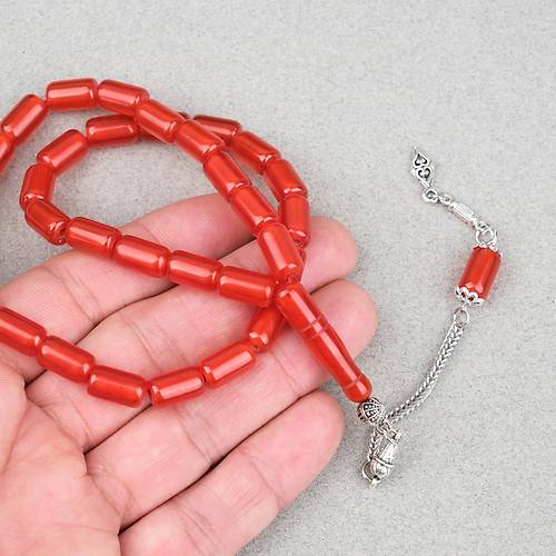S�kma Kehribar Alpaka P�sk�ll� Kaps�l Kesim 7x11mm Tesbih - K�rm�z�