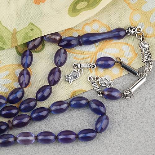 S�kma Kehribar Beyzi Kesim Alpaka P�sk�ll� 7x11mm Tesbih Mavi