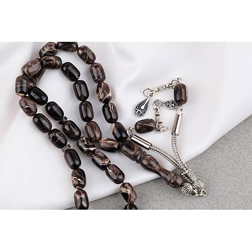 S�kma Kehribar Kaps�l Kesim Alpaka P�sk�ll� 7x11mm Tesbih Kahverengi