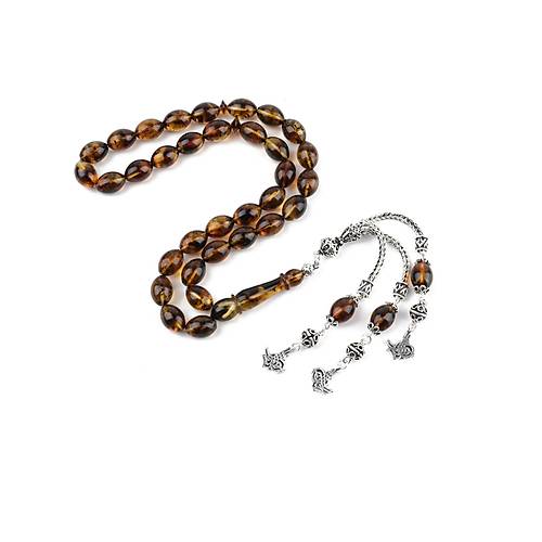 Baltk Damla Kehribar Fosilli 925Ayar Gm Pskl Beyzi Kesim 9x12mm Tesbih