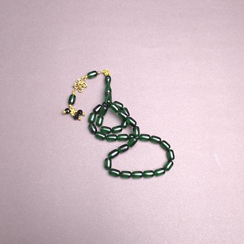 S�kma Kehribar Kaps�l Kesim Alt�n Renk P�sk�ll� 7x11mm Tesbih Koyu Ye�il