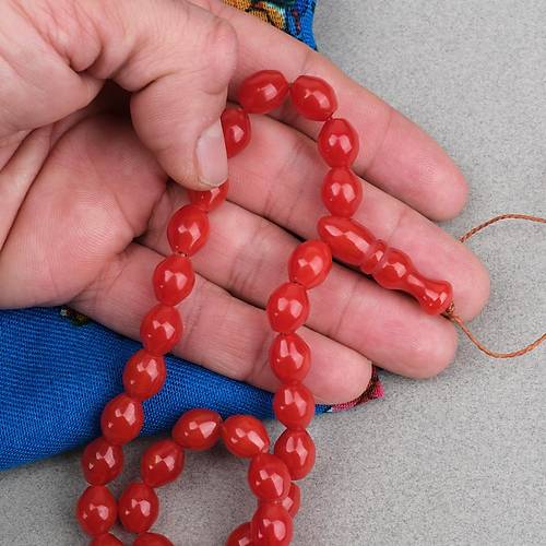 S�kma Kehribar Beyzi Kesim 9x11mm Tesbih - K�rm�z� P�sk�ls�z